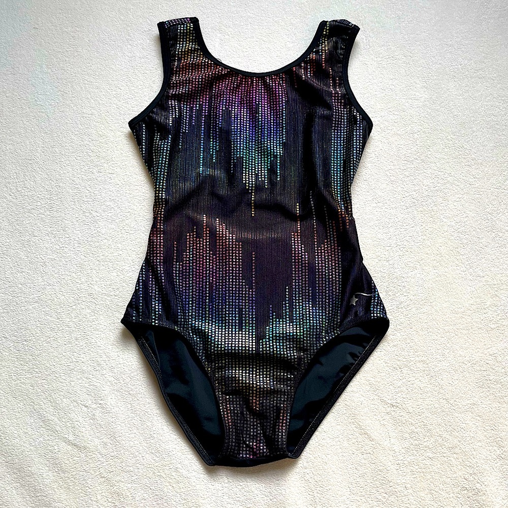 Rainbow tech black gymnastics leotard